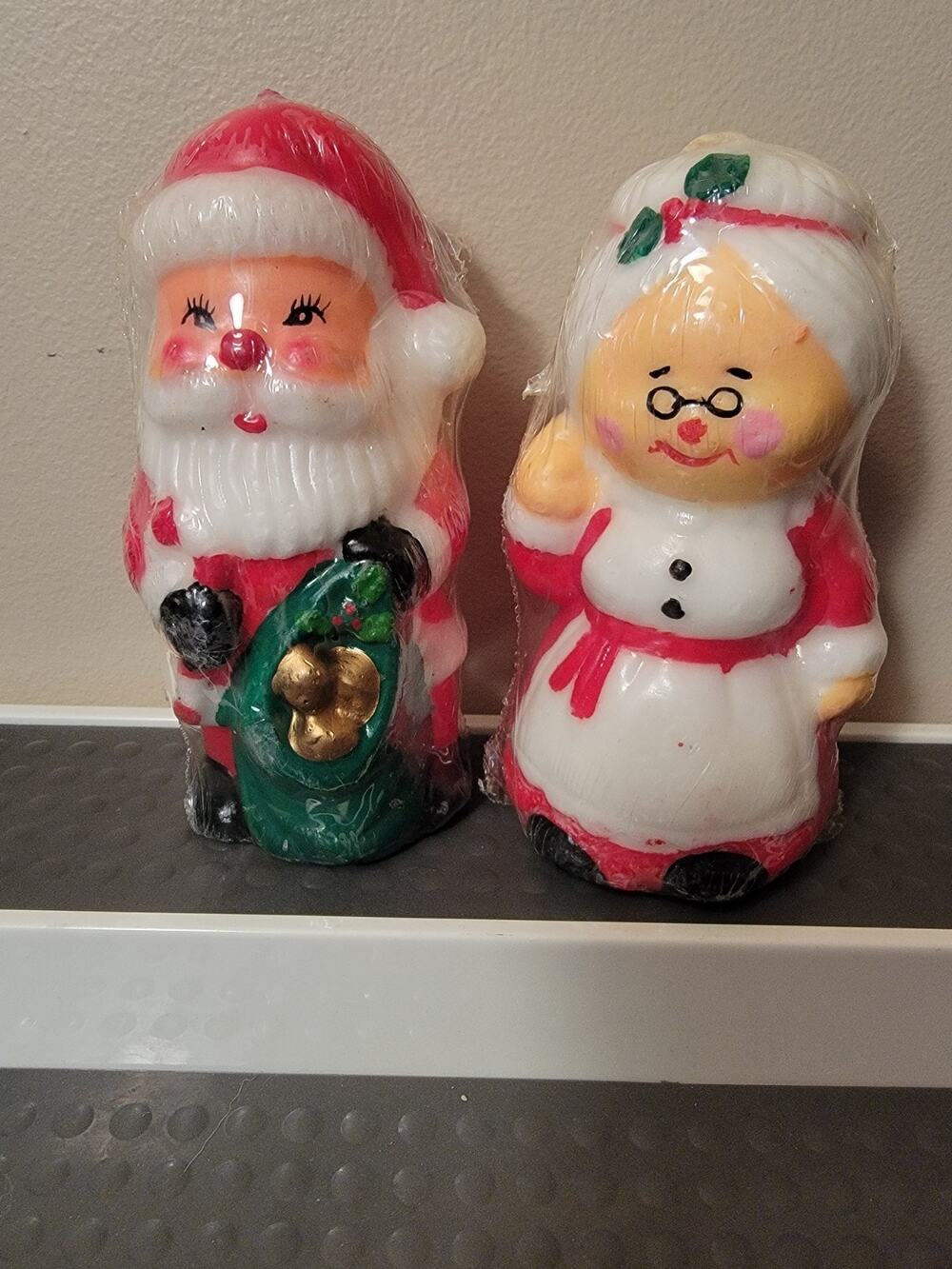 Vintage 5" Gurley Santa and Mrs Claus Christmas candles in original cellophane
